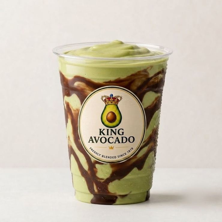 Avocado Chocolate, green blend with chocolate sauce drizzled inside a branded King Avocado cup