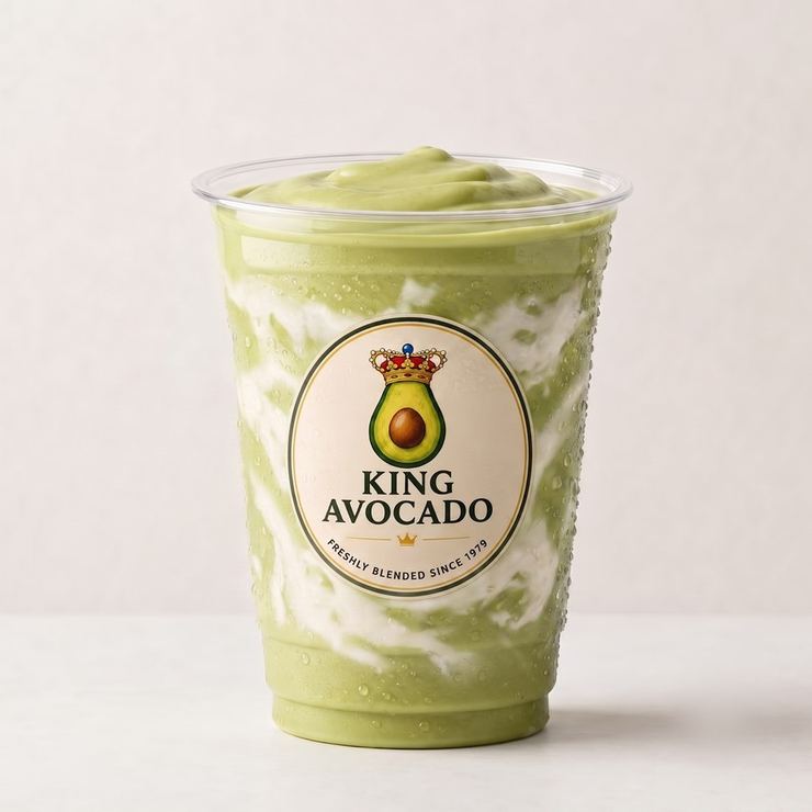 Avocado Soursop, layered green and white blend in a branded King Avocado cup